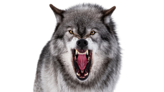 Fierce gray wolf head with open mouth and visible teeth