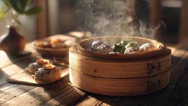Steamed Dumplings in Steamer.
