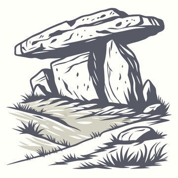 Stone dolmen illustration with grassy landscape monochrome sketch of ancient megalithic monument high quality professional detailed modern