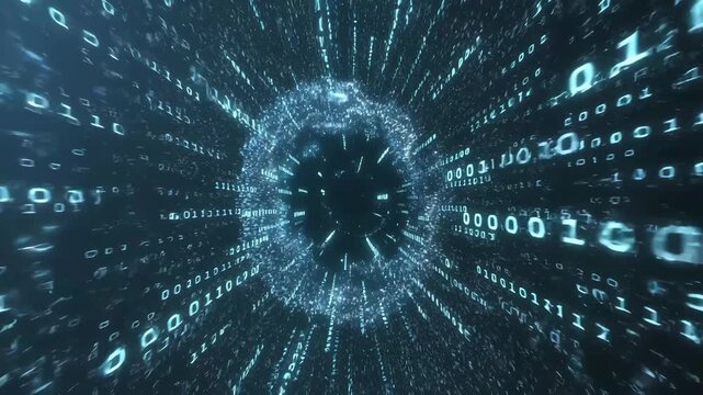 Binary code streams forming a swirling digital tunnel on a dark background, concept of data flow and cyberspace communication