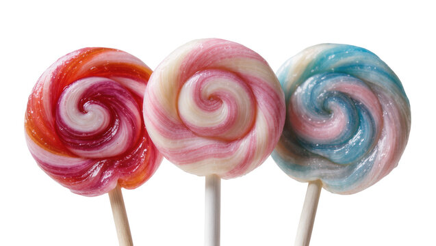 Swirled hard candy lollipops in red pink, and blue hues on sticks