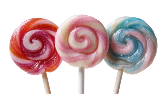 Swirled hard candy lollipops in red pink, and blue hues on sticks