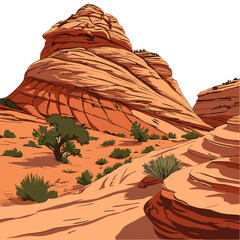 Desert sandstone formations with layered rock illustrated landscape with sparse vegetation and arid terrain high quality professional © Miasahin