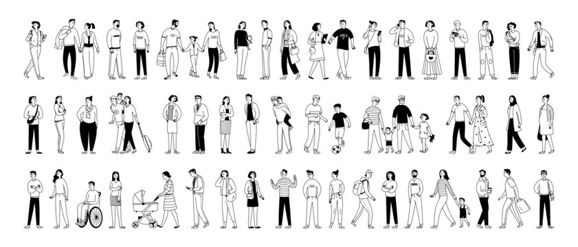 A big set of doodle characters, diverse people in various outdoor activities. Businessmen, office workers, a woman with a child, and pets. Man and woman. Vector illustration