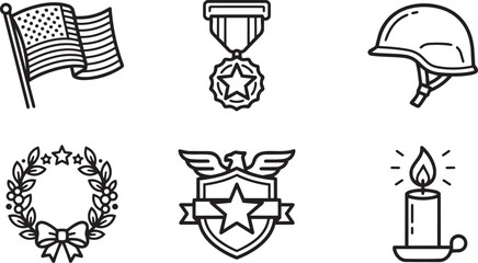 Obraz premium Memorial Day, Patriotic icons, military symbols, American flag, medal, helmet, vector graphics