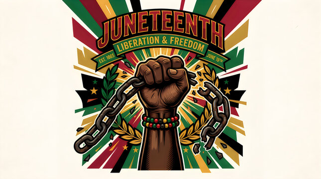 Juneteenth celebration illustration raised fist breaking chains with vibrant background