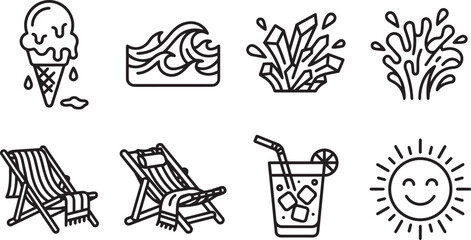 Fototapeta premium Summer icons, beach symbols, line art set, 8 elements