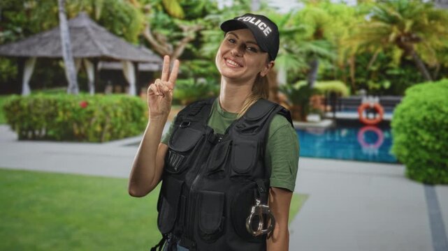 Woman police officer wearing tactical vest and handcuffs flashes peace sign beside pool building with gazebo and lifebuoy; calm confidence.