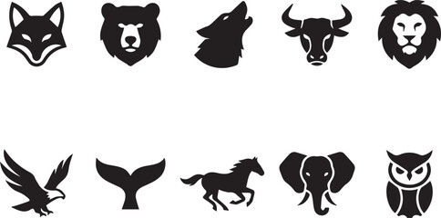Fototapeta premium Set of wild animal head silhouettes and body icons featuring predators and forest creatures designed in simple black vector graphics for minimalist logos.