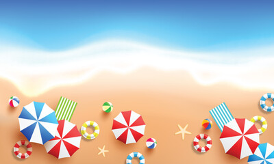 Top view of Beach background with sea wave,colorful beach umbrella,swim ring and beach ball..Summer and beach flat lay concept.Trendy Design Template for Summer.Vector illustration EPS10 © PixaFlow
