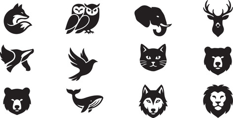 Fototapeta premium Diverse collection of stylized animal portraits including owl fox elephant deer cat bear whale and wolf silhouettes in clean black flat vector design.