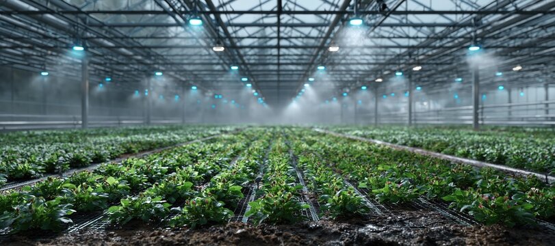 Greenhouse irrigation system with ceiling misting nozzles and moisture sensors over seedling rows