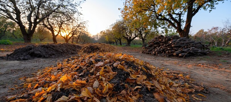 Orchard floor with autumn leaves compost windrows and stacked trimmed branches at sunrise