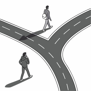 isometric illustration of a crossroads with a person contemplating a choice between two paths high quality professional