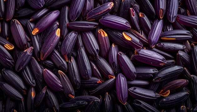 Macro Shot of Uncooked Black Rice Grains showing Rich Texture and Deep Purple Color