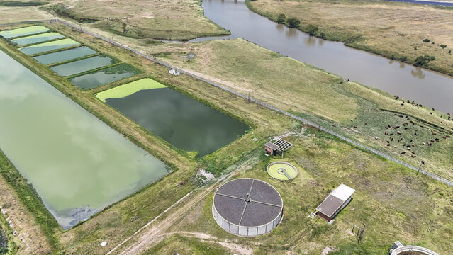 Aerial view of the Vaal River flowing past industrial water treatment ponds and cattle grazing in green fields in Villiers, Free State, South Africa.
