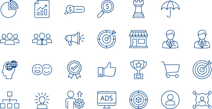 Business and Marketing Line Icons Vector Set with Strategy, Finance, Teamwork, Advertising, Target, and E Commerce Outline Symbols