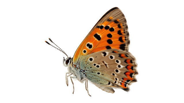 Copper butterfly showcases its striking orange and grey wing markings while isolated on a clean white background.