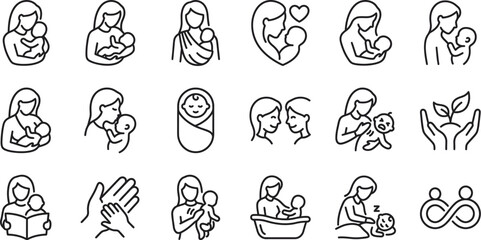 Motherhood and Baby Care Icon Set, Minimalist Mother's Day Line Art Vector Illustrations