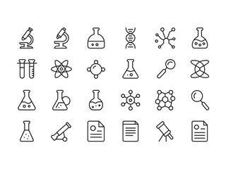 Fototapeta premium Set of science and laboratory outline featuring microscopes, test tubes, chemical flasks, dna strands, magnifying glasses, and research documents on a white background