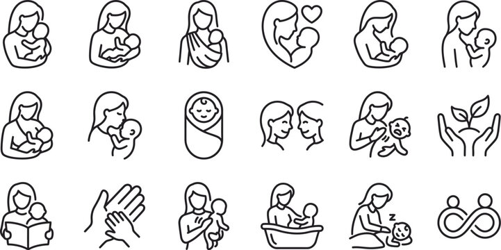 Motherhood and Baby Care Icon Set, Minimalist Mother's Day Line Art Vector Illustrations