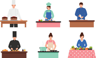 Fototapeta premium Cooking and Chef Activities Vector Set with Professional Cooks Preparing Food, Baking Cakes, Cutting Ingredients, and Kitchen Lifestyle Illustration