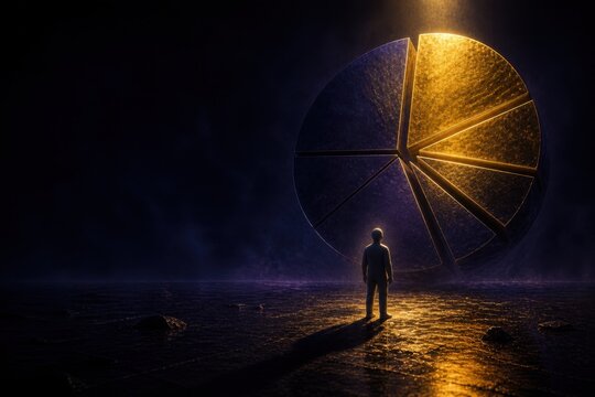 Finance investment insights dark environment abstract clay figure colossal pie chart structure conceptual visualization