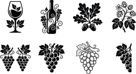 Set of black vector silhouette illustrations featuring wine glass, bottle, grape bunches, oak leaves, acorns, and hop branches isolated on white background © Yousuf