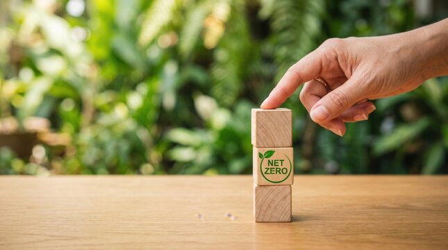 Net zero wooden blocks being touched by a finger in front of a green nature backdrop. Representing sustainable living and eco-friendly practices