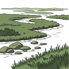 illustrated coastal wetlands landscape with scattered stones and lush green vegetation high quality professional detailed modern elegant © sahana11