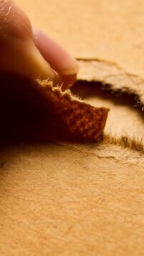 Vertical video: Touching fingertip pinching, lifting torn kraft paper flap on table showing fibers