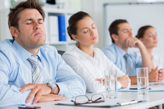 Drowsy employees during workplace wellness training in corporate meeting room