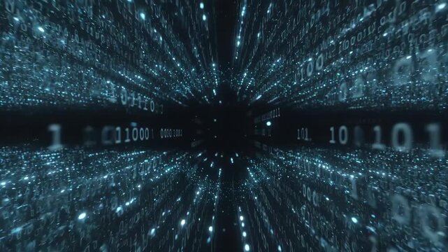 Glowing binary digits forming a futuristic digital tunnel on a dark background, concept of data flow and cyber technology