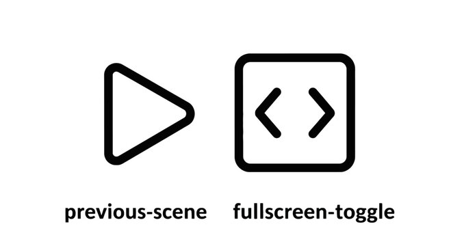 Play icon and fullscreen toggle icon with text labels fullscreen interface previous application software navigation technology experience background