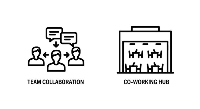 Team collaboration and co working hub icons with collaboration coworking communication business workspace building connection discussion dialogue