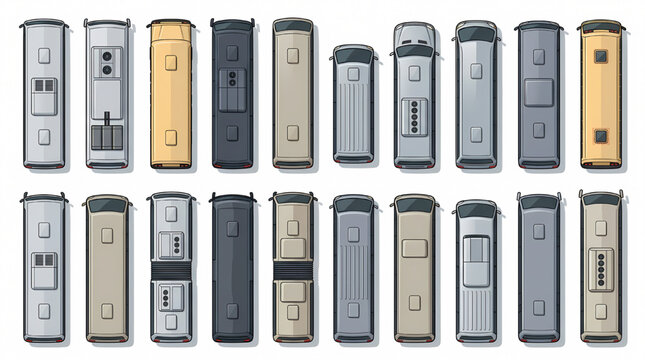 Top View Bus Fleet Vector Grid &ndash; Public Transport Map Icons Set with City School Coach Electric Vehicles