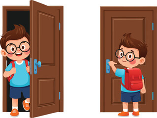 Cute Boy Opening and Closing Door Vector Illustration with School Kid Wearing Backpack, Daily Routine, Home Entry, and Exit Activity Concept © EdGe Creative