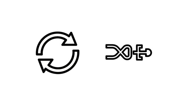 Refresh and shuffle symbols black line icons set on white background with user interface line art design element rotation circular randomizer internet