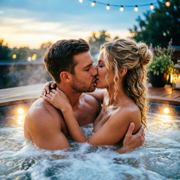 Romantic couple kissing in outdoor hot tub at sunset with string lights and warm ambiance