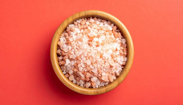 Top view of Himalayan pink salt crystals in a wooden bowl over red background