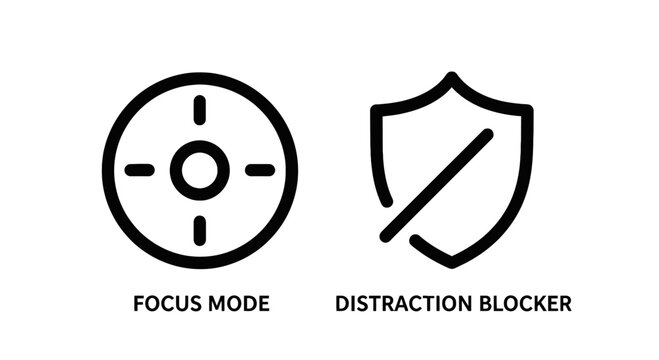 Focus mode and distraction blocker icons with graphic design line art white background distraction security concentration productivity settings