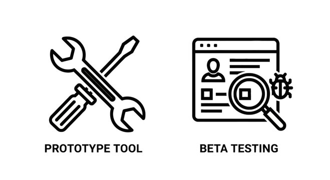 Prototype tool and beta testing icons with prototype development software creation screwdriver computer magnifying debugging technology illustration