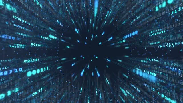 Blue digital particles forming swirling tunnel in futuristic abstract style on dark background, concept of data flow technology