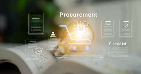 Fototapeta premium Visual representation of the procurement process featuring digital elements, a shopping cart, and various documents, emphasizing modern business efficiency and innovation. Cyphers