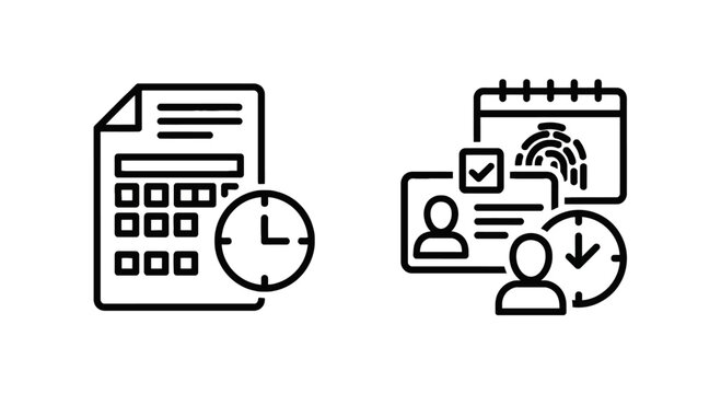 Payroll and time management icons with document calculator clock calendar employee details human resources calculation schedule calendar attendance