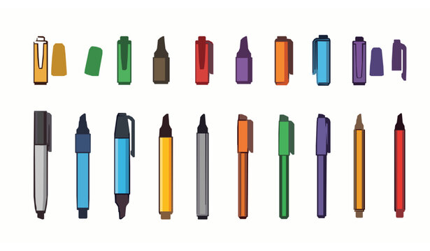 Colorful felt tip pen icons vector set with marker pens in flat cartoon style isolated on white background