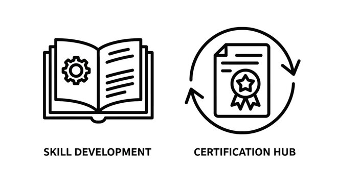 Skill development and certification hub icons for learning and professional achievement with development certification learning education document