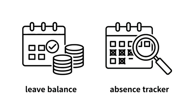 Leave balance and absence tracker outline icons for human resources management with magnifying glass sick leave time off calendar management employee