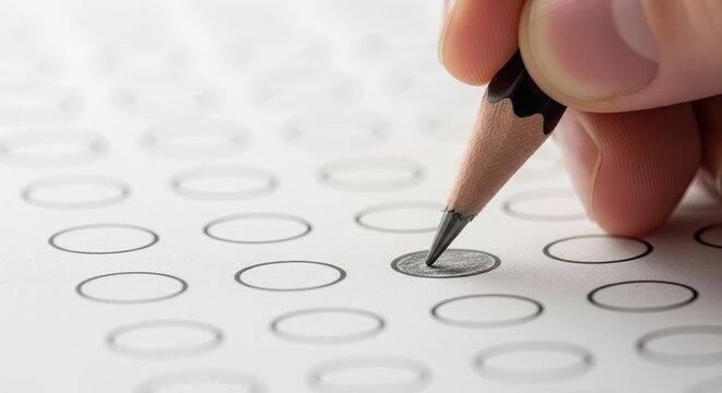 Hand filling answer circle on exam sheet with pencil in close view. Concept of education, testing, assessment, choice, preparation and academic success