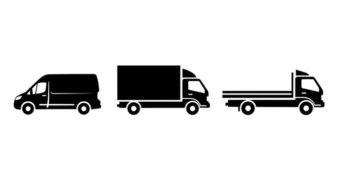 Set of black van, box truck, and flatbed truck icons on white background